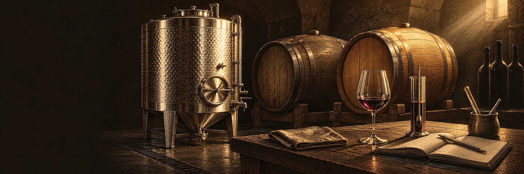An engraving of a cellar: a steel fermentation tank, oak barrels, and a glass of red wine on a table beside a notebook