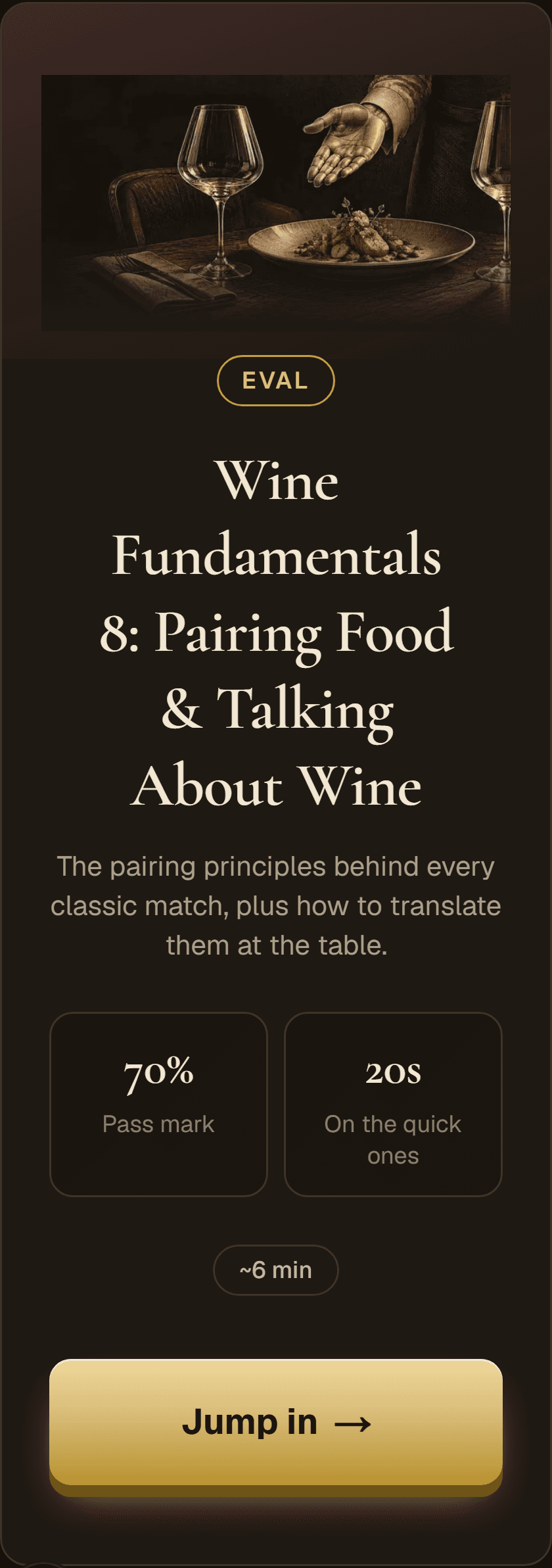 A training module start screen for Wine Fundamentals 8: Pairing Food and Talking About Wine, with a Jump in button