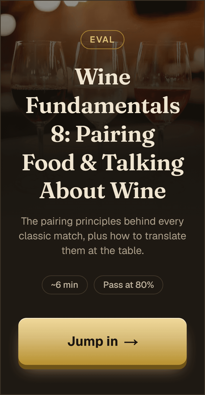 A training module start screen for Wine Fundamentals 8: Pairing Food and Talking About Wine, with a Jump in button